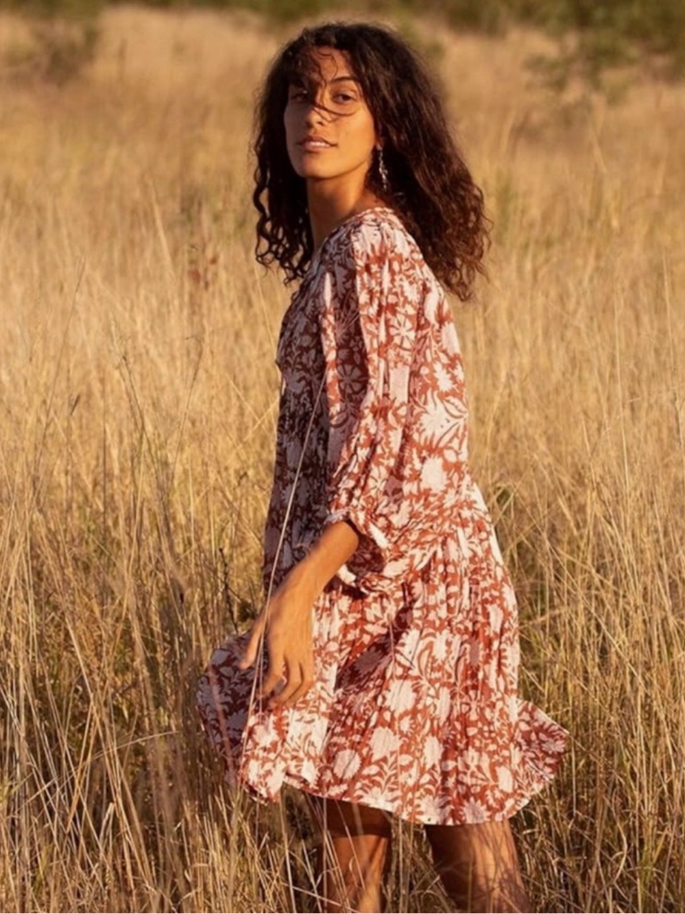 EUC Boho Mini Dress V Neck Tie Puff Sleeve Floral Loose Flowy Swing Dress XL